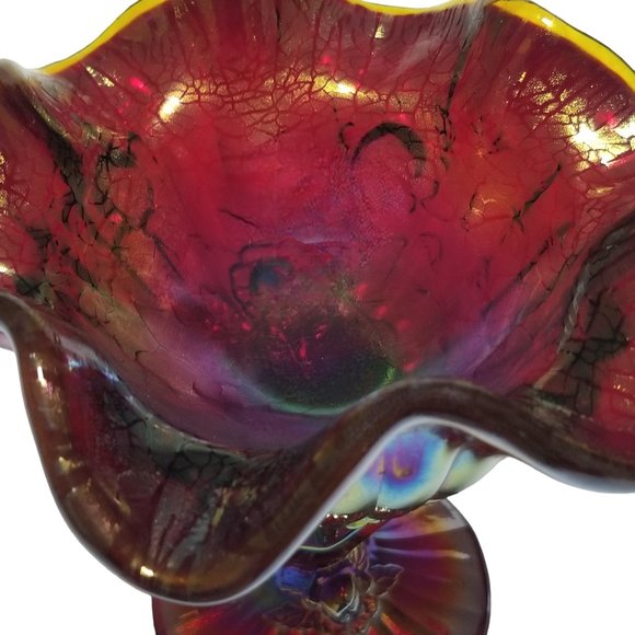 Ruby Red Open-Heart Bowl Rare Fenton's Iridescent Cabbage Rose Art Glass - Picture 6 of 6